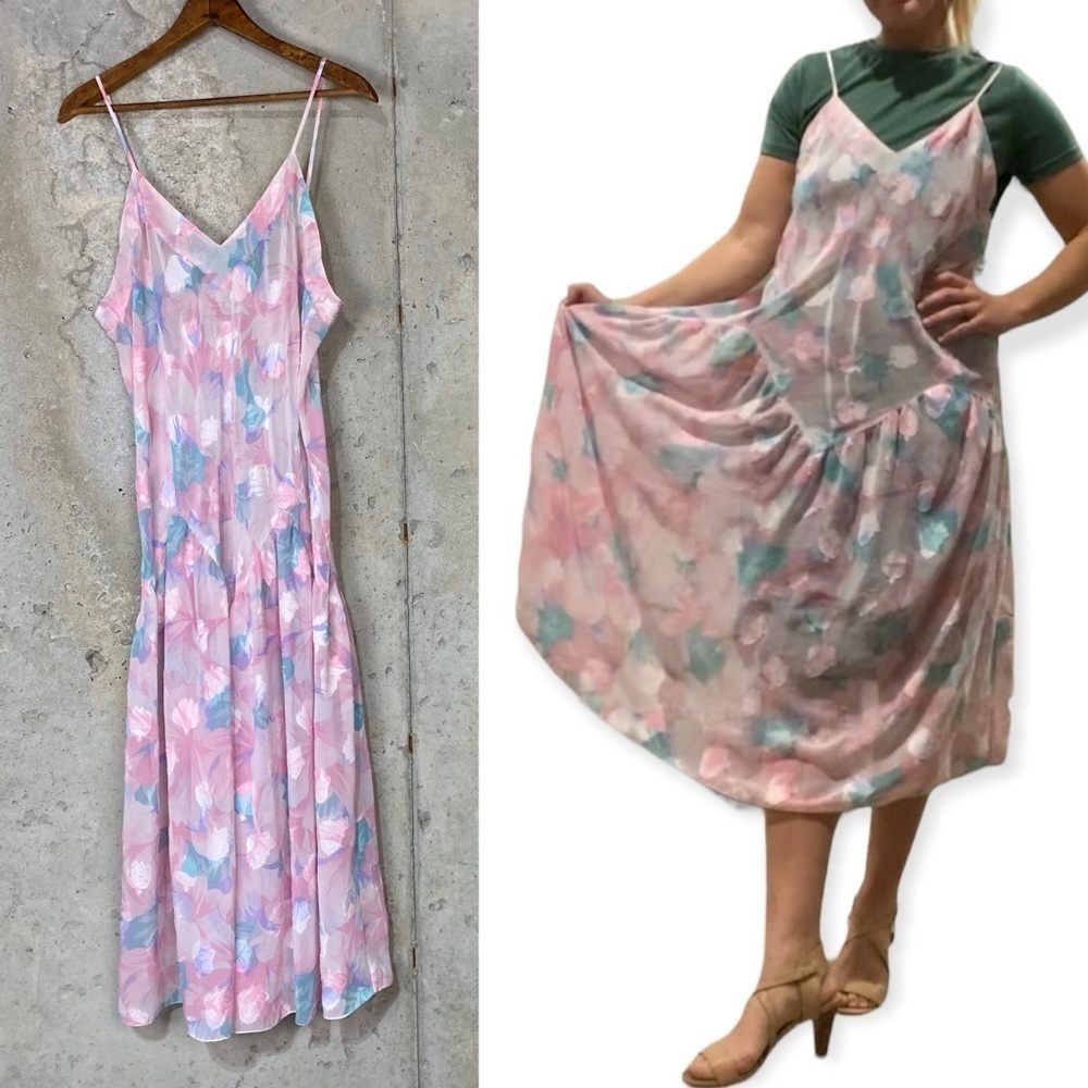Vintage 90s pastel pink floral sleeveless nightgown midi dress large